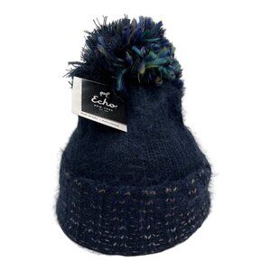 Echo New York Beanie Knitted Pom Pom Blue Geometric Trim Soft Winter Outdoor